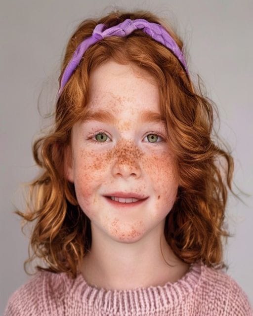 Referenzfoto: Mädchen mit rotem Haar, grünen Augen und Sommersprossen